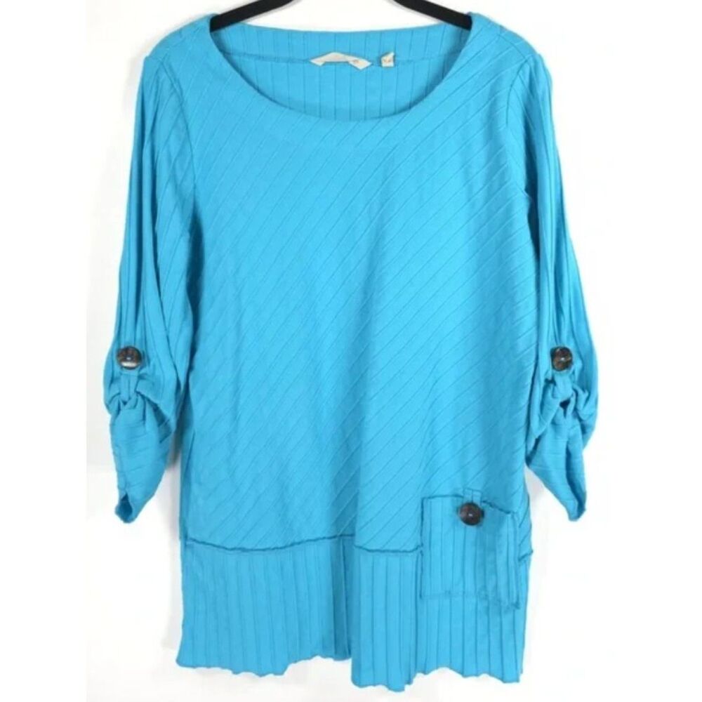 SOFT SURROUNDINGS Bright Blue Sz Medium Stretchy Cotton Tunic Shirt Front Pocket